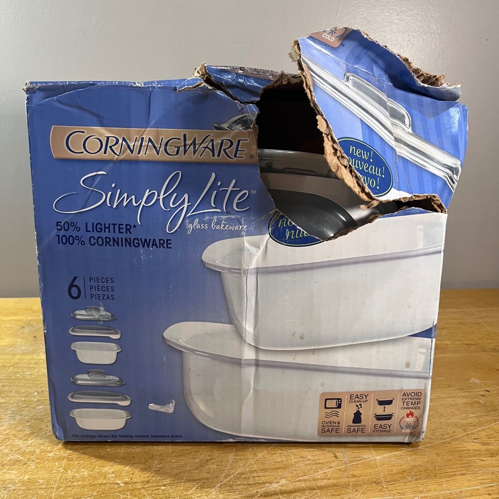 CorningWare SimplyLite Bakeware Set 6pc White Glass Square Bakers New Box Damage